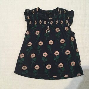 Lucky Brand Boho Navy Floral Smocked Flutter Sleeve Top M Cottagecore Feminine